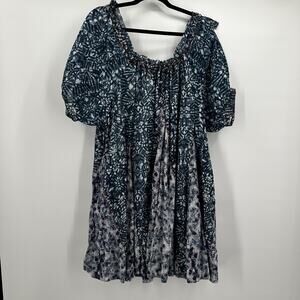 Free People Dress Womens Small Blue‎ White Boho Peasant Puff Sleeve Jet Set Mini
